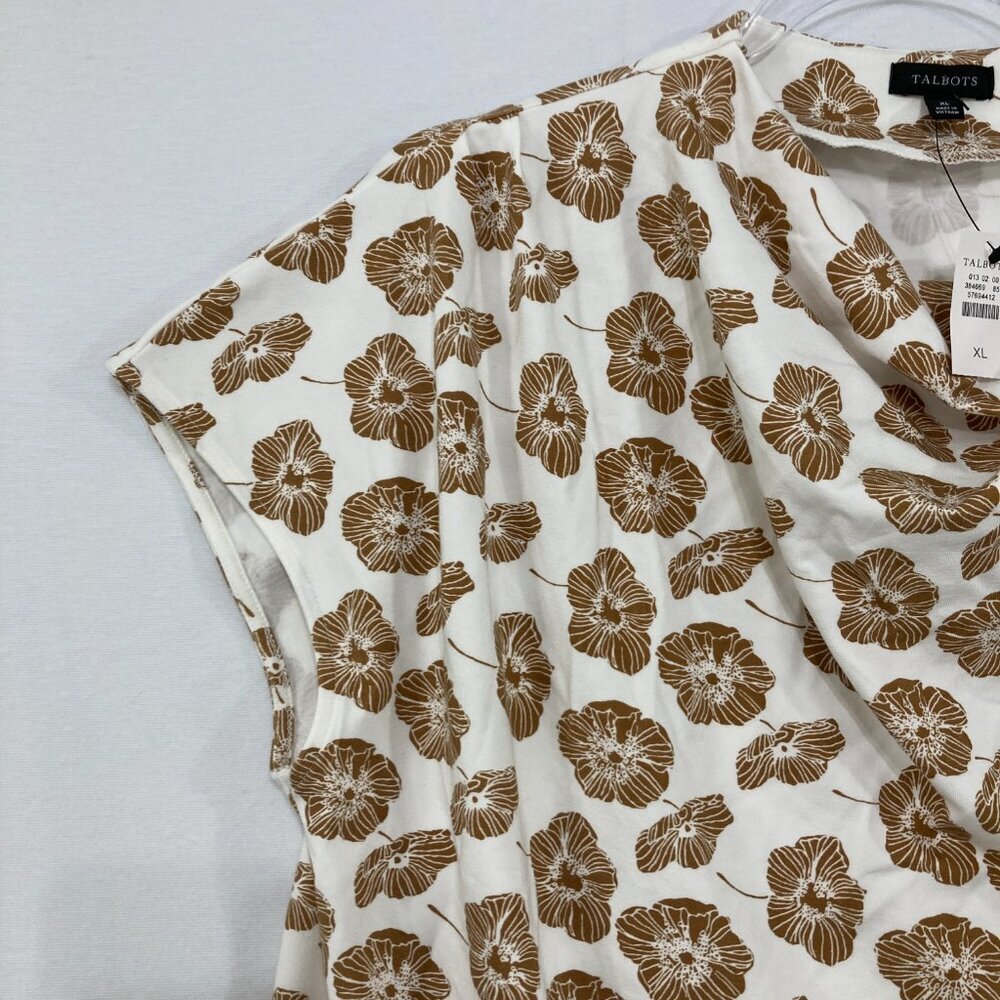 New Talbots size XL Brown White Floral‎ Draped Neck Stretch Blouse Elegant - Picture 5 of 10
